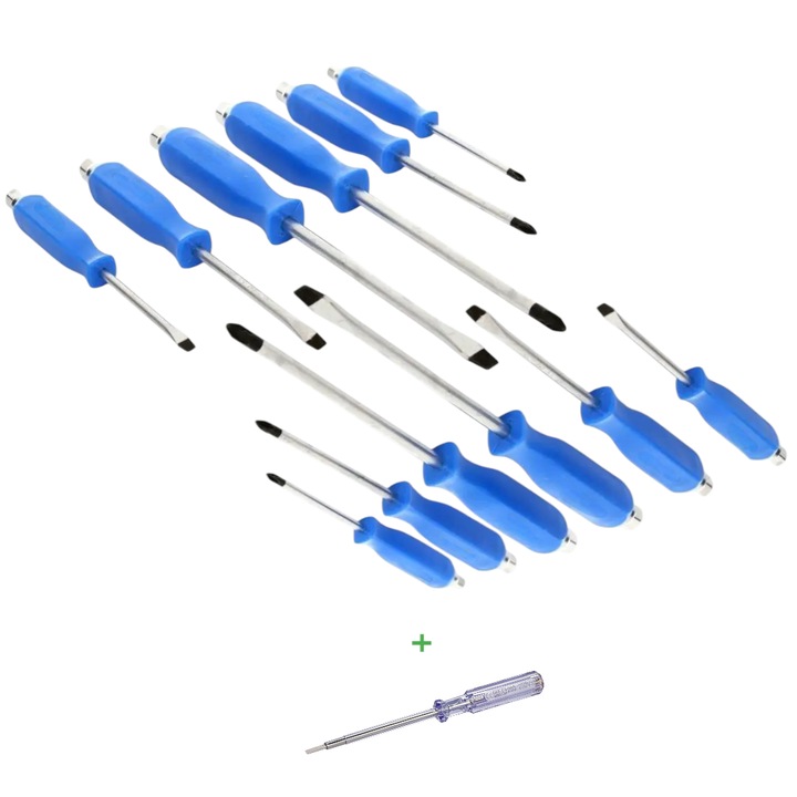 Ütvecsavarhúzók - 2 készlet, ergonomikus kék fogantyú, 3 db egyenes hegyű + 3 db kereszt hegyű, különböző méretek, a hegyek mágnesesek, króm-vanádium bevonatú felsőrész ellenáll az ütéseknek, hatszögletű forma nyitott/csillagkulcshoz + csavarokhoz