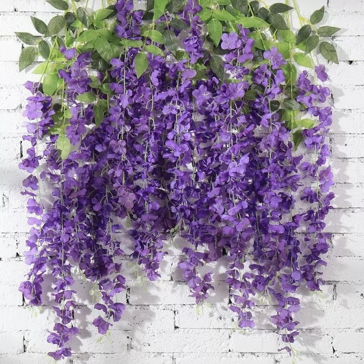 Комплект от 12 изкуствени растения глициния с листа, NEVERMORE, дължина 1,1 м, лилави