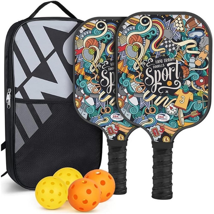 2 darabos Vokelater pickleball ütő készlet, üvegszálas, 4 golyó, 1 táska, többszínű