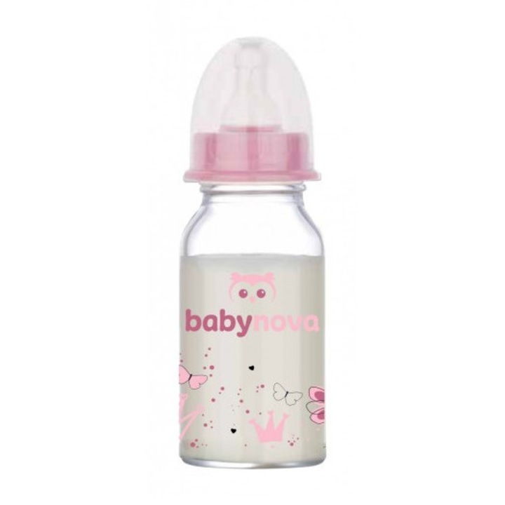 Biberon din sticla decorat 0-24 luni 120ml BabyNova roz