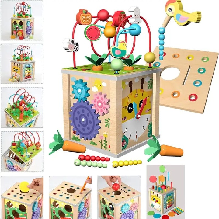 Centru activitati educativ Montessori 10 in 1, din lemn, Cub Montessori, Pescuit Xilofon Sortare Joc logic, 16 ×16 ×30 cm, multicolor
