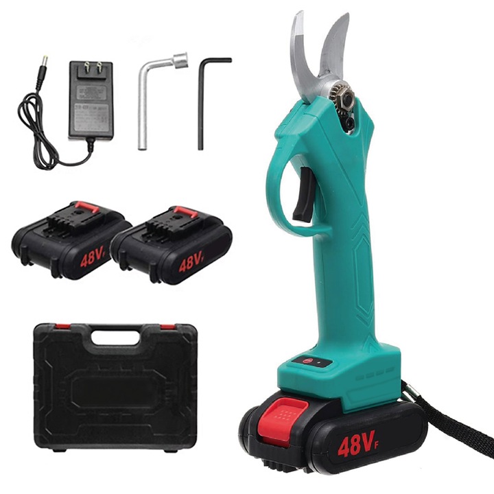 Foarfeca Electrica pentru Gradinarit Profesionala, SUPER TRENDS®, 2 Acumulatori 48V, cu Lama din Otel Carbon, Valiza de Transport si Accesorii