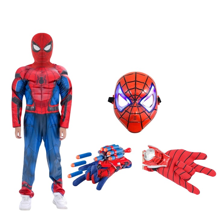 Set costum Spiderman KidMania® cu muschi, masca cu lumini si doua manusi lansator pentru copii, 5-7 ani, 110-120 cm