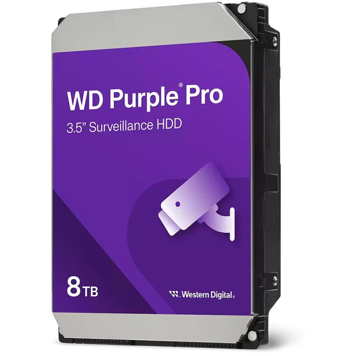 Твърд диск за мониторинг, Wd, Wd8002Purp, 147x101.6x26.1 мм, формат на корпуса 3.5 инча, интерфейс SATA 6 Gb/S, скорост на диска 7200 оборота в минута, кеш памет 256 Mb