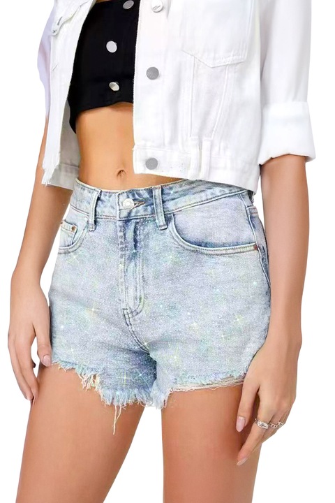 Дънкови шорти FashionForYou YOVA, Кристали и големи перфорации, Син сапфир