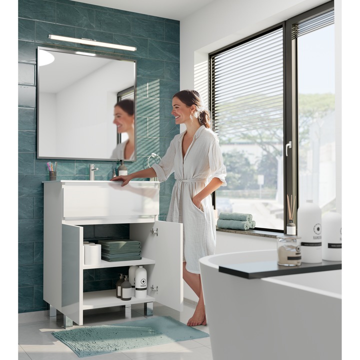 Dulap de baie si lavoar 60, paplinskimoebel, Ariza 60, Alb lucios, patiu de depozitare disponibil, Manopera de inalta calitate, 2 usi, sertar extensibil cu organizator, soft close, MDF, cu raft suplimentar reglabil, 83.7 x 61 x 40 cm