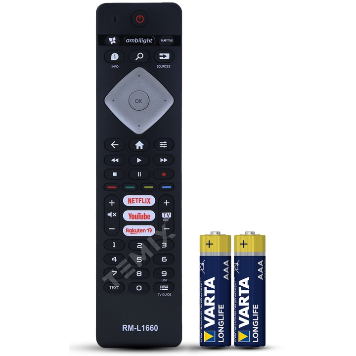 Telecomanda compatibila Philips, RM-L1660, butoane dedicate Youtube, Netflix, Rakuten, TEMIX®, neagra, baterii incluse