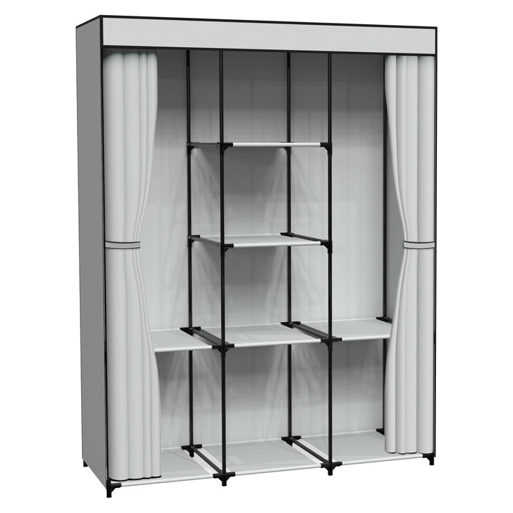 Garderoba textila pliabila Sonia, 8 rafturi, 2 suporturi pentru umerase, gri, 175x135x45cm