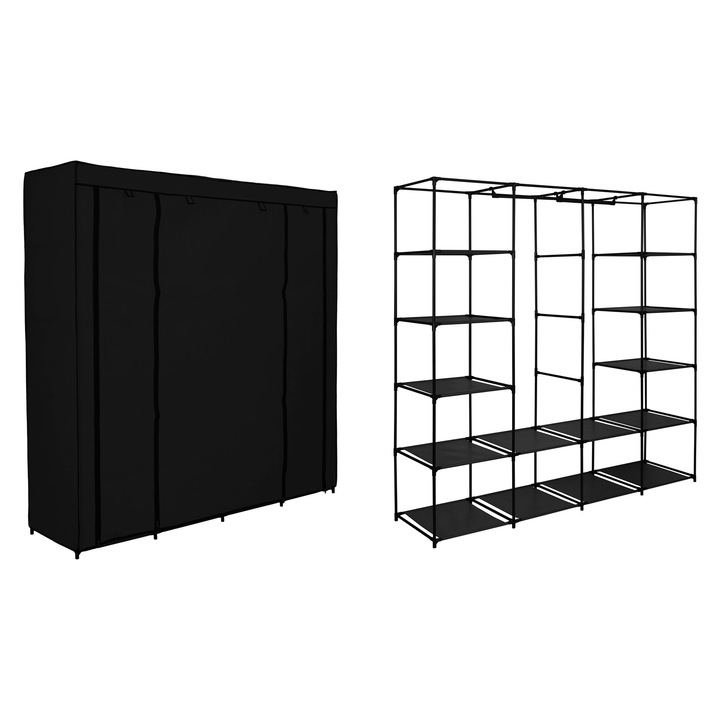 Sertar textil pentru haine, negru, 14 poli, 2 buzunare