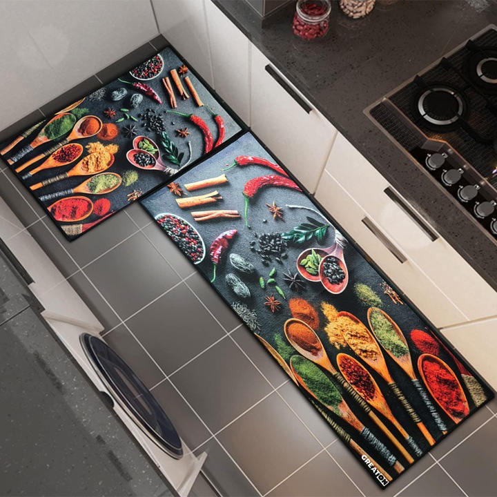 Комплект от 2 кухненски подложки GREATON с незалепващо покритие, с мотив на подправки, мек материал, бързосъхнещи, 50 x 70 см, 50 x 120 см, многоцветни