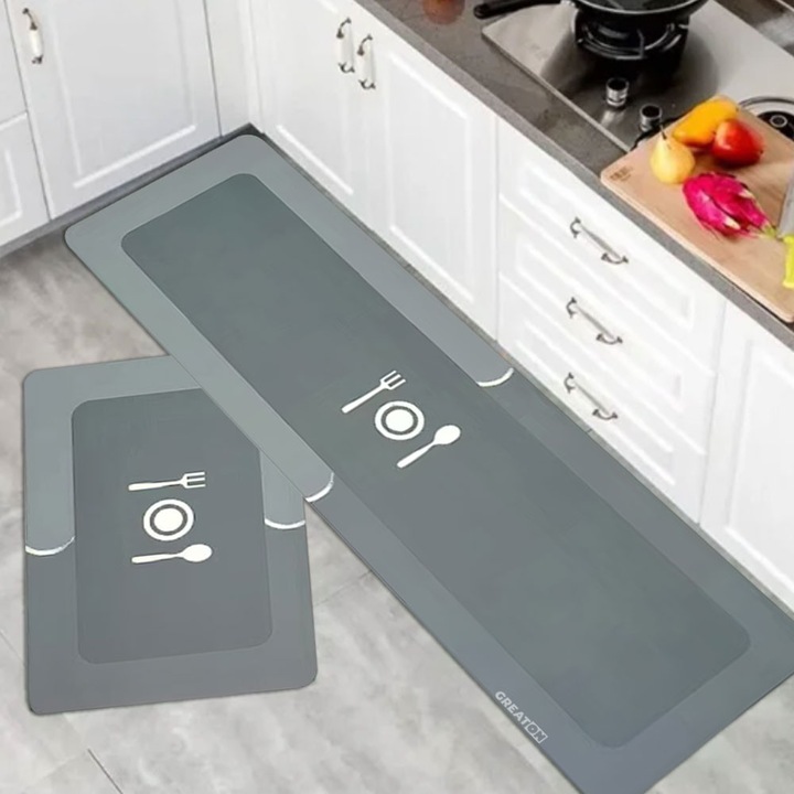 2 db-os GREATON tapadásmentes konyhai szőnyeg szett, konyhai eszköz mintázat, puha anyag, gyorsan száradó, 58 x 38 cm, 116 x 38 cm, világos szürke, szegély nélküli