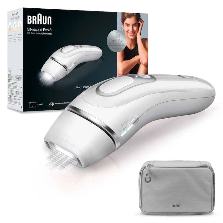 Устройство за обезкосмяване Braun IPL Silk Expert Pro 3 за жени/мъже, видимо обезкосмяване, проектирано в Германия, чанта за съхранение, алтернатива на лазерната епилация, Pl3020, бяло/сребристо
