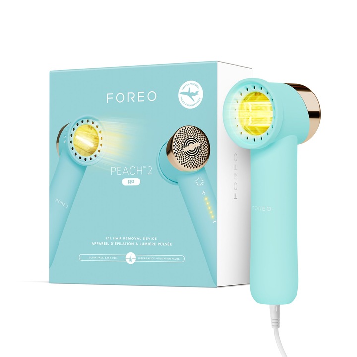 Епилатор Foreo Peach 2 Go, IPL, Трайно обезкосмяване, Лазерно обезкосмяване за в движение, Тяло, Лице, Бързо и безболезнено охлаждане и арктическо син силиконов калъф