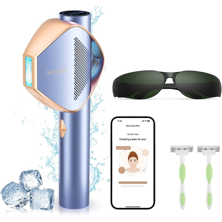 IPL szőrtelenítő készülék Sapphire Ice hűtőtechnológiával, lézer a fájdalommentes és hatékony szőrtelenítéshez 5°C-on, intelligens alkalmazással, 24J és 15 energiaszint, valamint 2-szeres villanási sebesség hónalj és ágyék területén