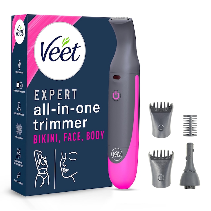 Veet Expert Intimate Мултифункционален тример - Дамски тример и самобръсначка, за лице, вежди, интимна зона и подмишници - Деликатна самобръсначка с прецизна приставка за жени - Водоустойчива