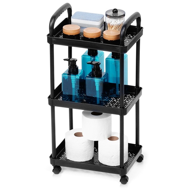 Kerekes polc, Vilde, 30x21x61 cm, Könnyű és tartós anyagból készült, Négy keréknek köszönhetően mozgatható, Stabil szerkezet, Három tárolószint, Fekete