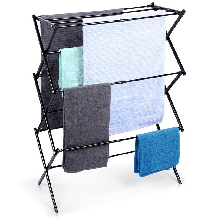 Uscator rufe vertical Vilde, metalic, negru, 11 tije, dimensiuni 44,5-75x37,5x105 cm