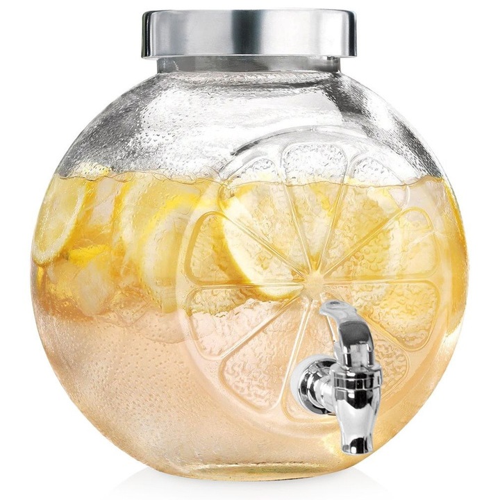 Dispenser de bauturi din sticla cu robinet, 5,4L, forma de lamaie, transparent, 22x23cm