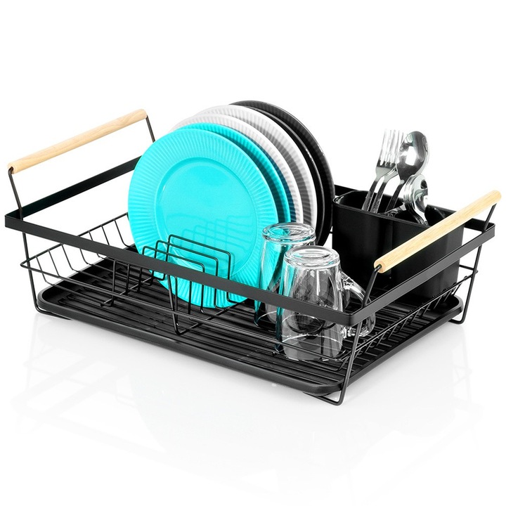 Edénytartó tálca, Vilde, 505x33x18 cm, rozsdamentes acélból, kivehető csepegtető tálca, 10 tányérnak elegendő hely, fa fogantyúk, fekete