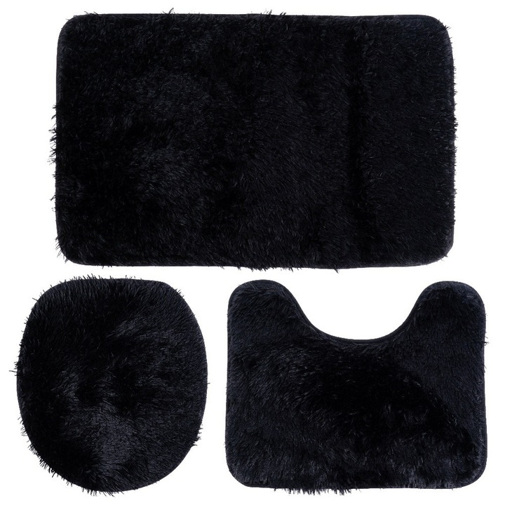 Set Covorase De Baie, Vilde, 3 Elemente, 80x50x50x41x38x41 cm, Placute La Atingere, Fund Antiderapant, Fabricate Din Poliester, Pot Fi Spalate La Masina, Negru