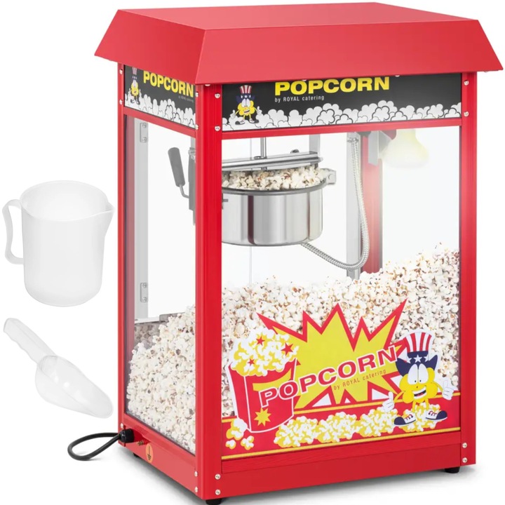 Masina de popcorn Royal Catering, 1600 W, 5-6 kg/h, rosu, 76x56x42cm, set cu paleta si masura