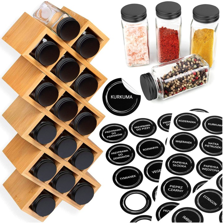 Kochen bambusz fűszertartó, 18 tégely, 72 címke, bézs