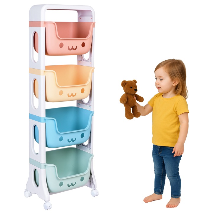 Raft pentru jucarii Bobby, 4 recipiente pastelate, alb