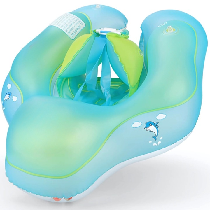 Ергономичен плувен пръстен Bukino® за бебета между 6 и 36 месеца, с опора за коремче и регулируеми презрамки, безопасна и удобна форма, атрактивни цветове аквамариново синьо и лимонено зелено, за басейн, море или вана