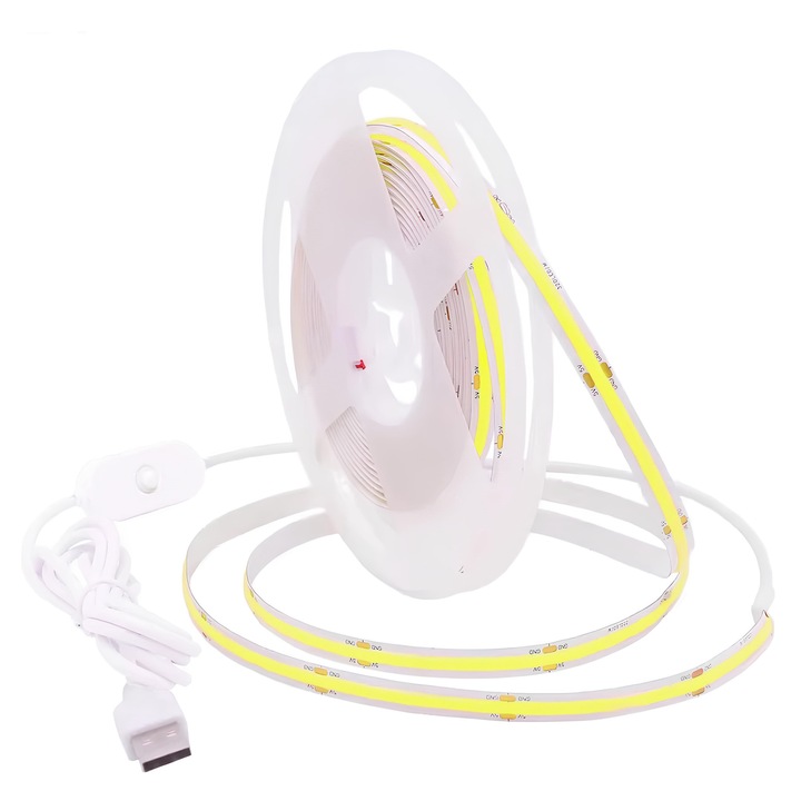 Kit Banda LED 1M Belkrone®, Cool White, 6000K, Tehnologie COB, Iluminare Uniforma, Buton On / Off, Lumina Alba Rece, Adeziva, Alimentare USB