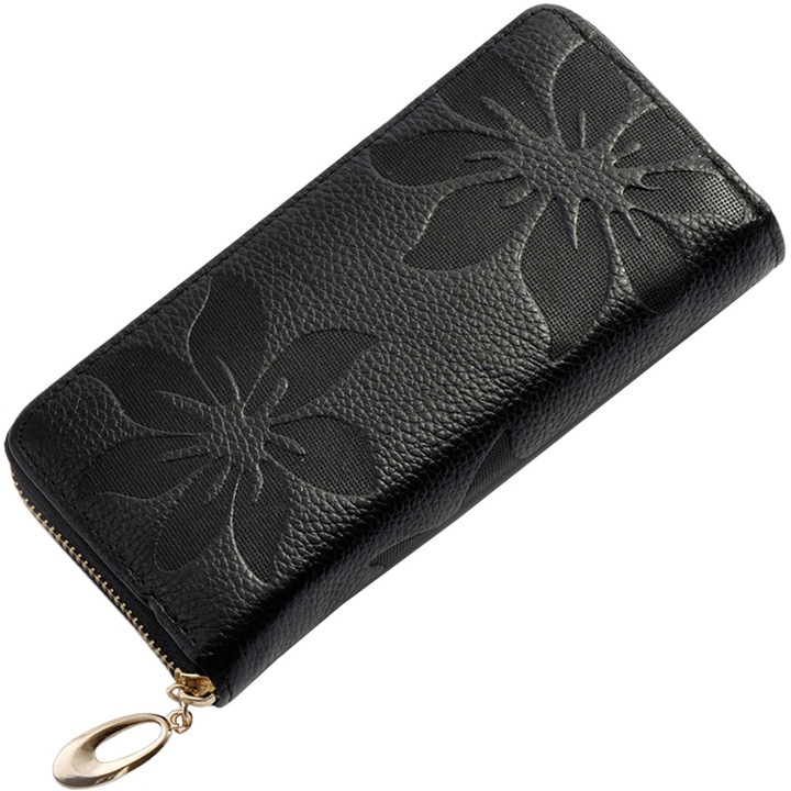 Portofel dama, piele naturala, ornamente florale embosate, 19x9x2.5cm, Negru, OptimStar®