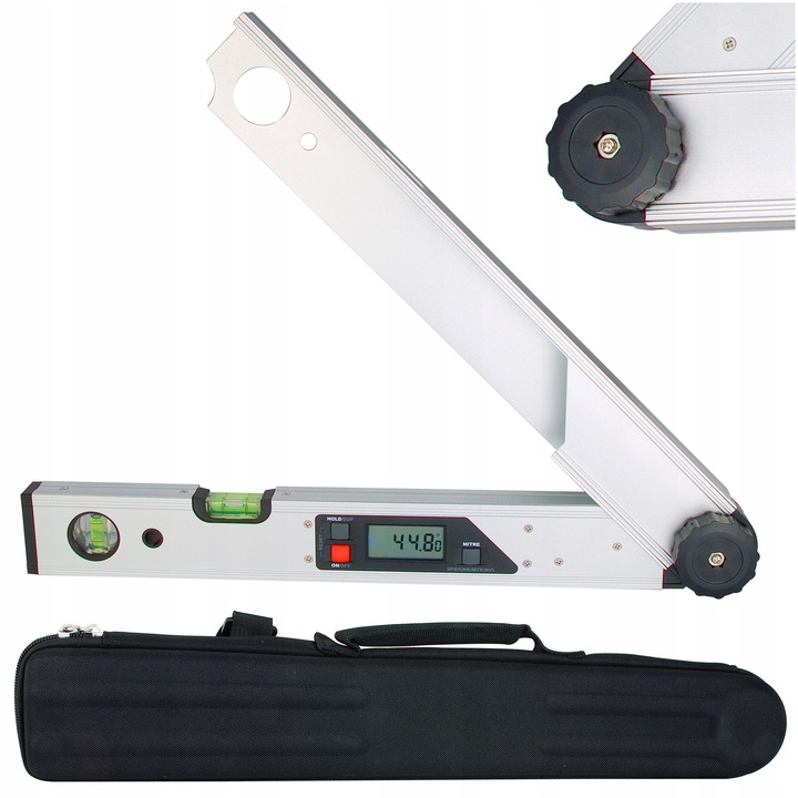 Unghiometru electronic cu husa, Lamigo, KE-45, precizie 0, 1°, domeniu 0–225°, alimentare AAA, 20x0 cm, argintiu