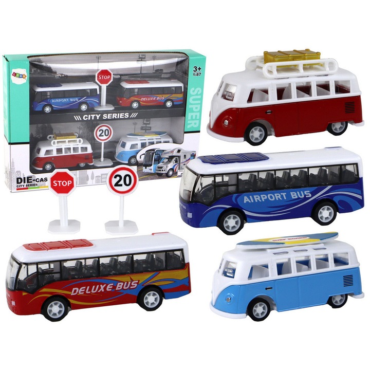 Set 2 Kamperuri si 2 Autobuze cu Propulsie Fractionala 1:87, rosu si albastru, 26,5x17,5x4,5cm