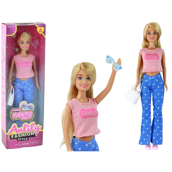 Anlily baba, szőke, rózsaszín blúz, csíkos nadrág csillagokkal, szett táskával és szemüveggel, 30x7x5cm