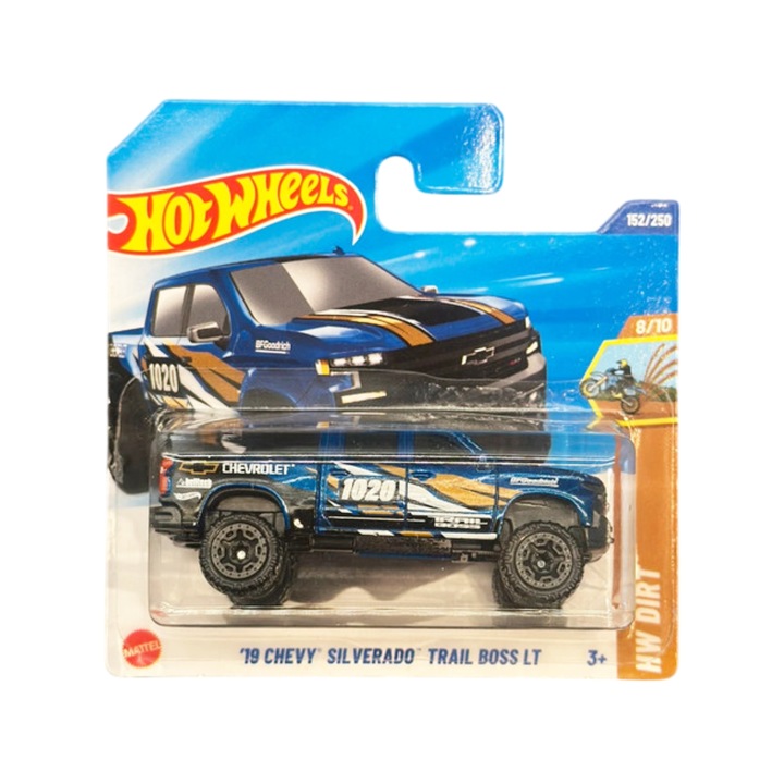Masinuta Hot Wheels '19 Chevy Silverado Trail Boss LT, albastru, 1:64 - model 2025