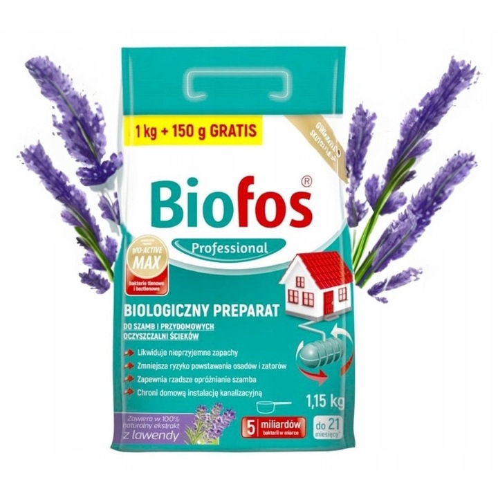 Preparat pentru fose septice Biofos 1.15kg, eliminare mirosuri, protectie impotriva namolului, lavanda, punga Ziplock