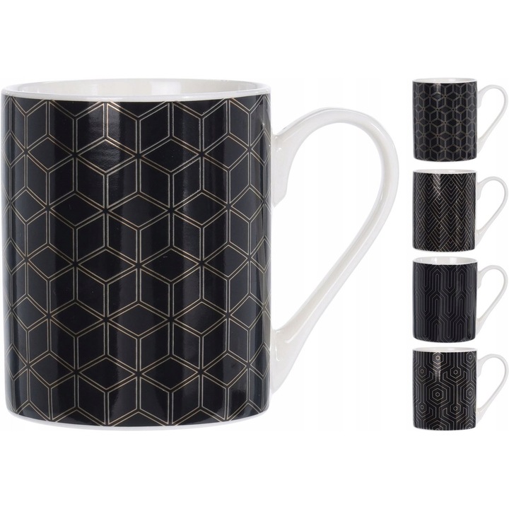 Cana din portelan 300ml, neagra si aurie, set mix de modele