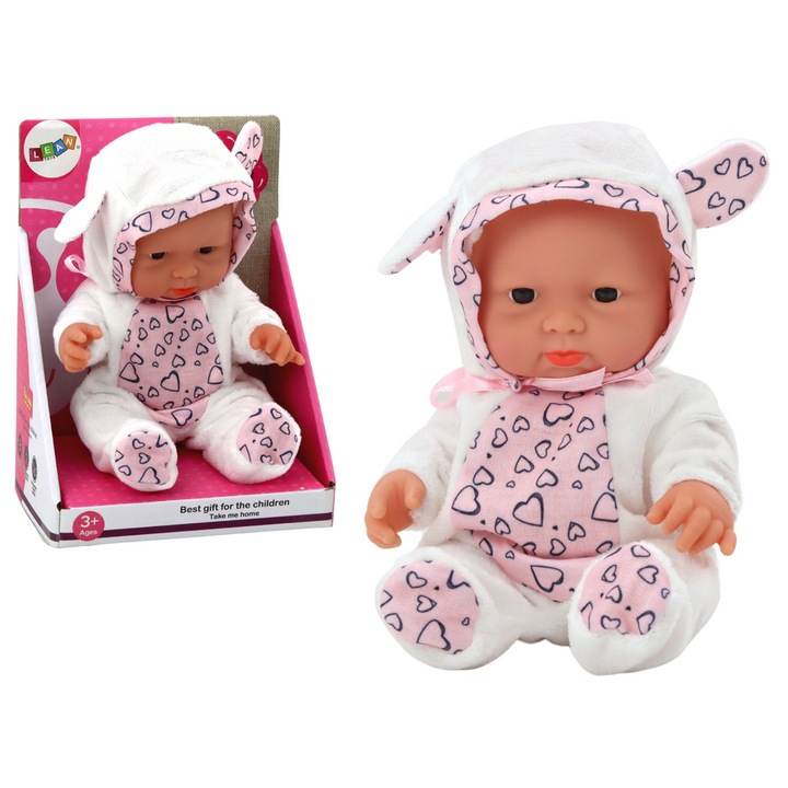 Kis baba, LEAN TOYS, fehér, 21x14x6,5cm, kalappal és fülekkel