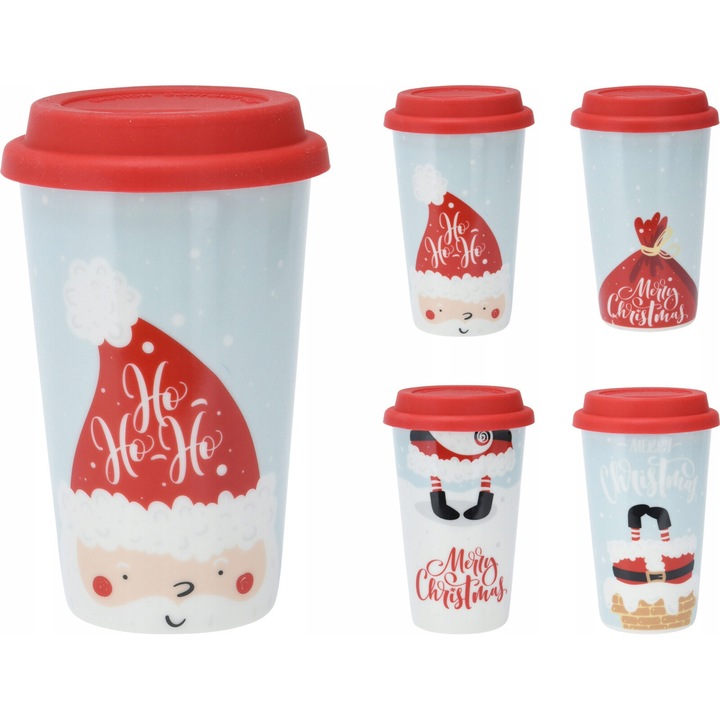 Cana cu capac pentru bauturi calde, 350 ml, multicolor, 13,5x9cm, motiv festiv