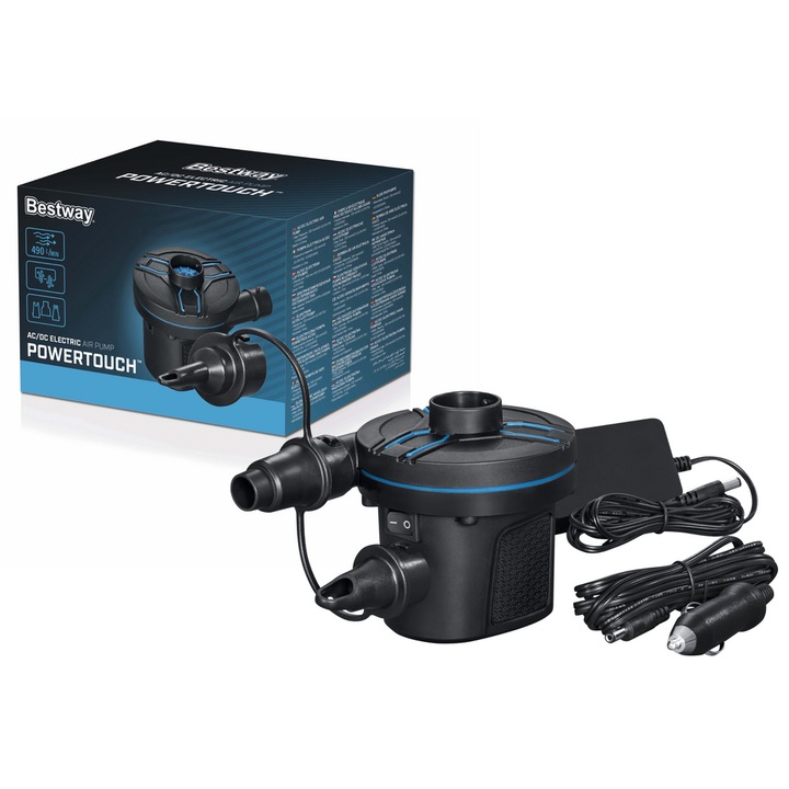 Електрическа помпа за надуване, Bestway 62255, пластмаса, 490 л/мин, 220/12V, 3 глави, функция за изпускане на въздух, черна