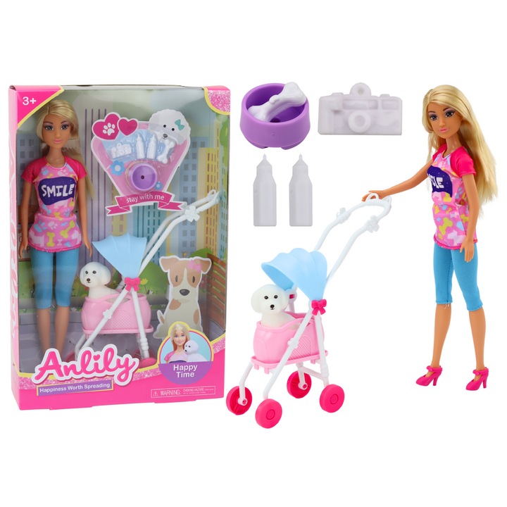 Anlily baba szett kiskutyával babakocsiban, Lean Toys kiegészítők, 30cm, többszínű