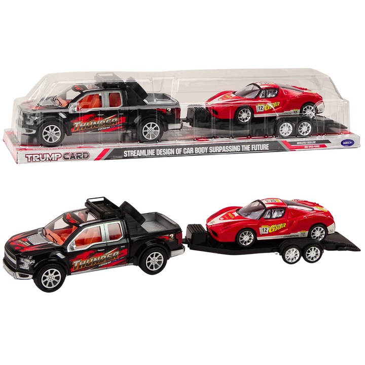 Комплект пикап с теглеща машина и червена спортна кола, LEAN TOYS, 60x12x11см, 27x12x11см, 21x6x9см