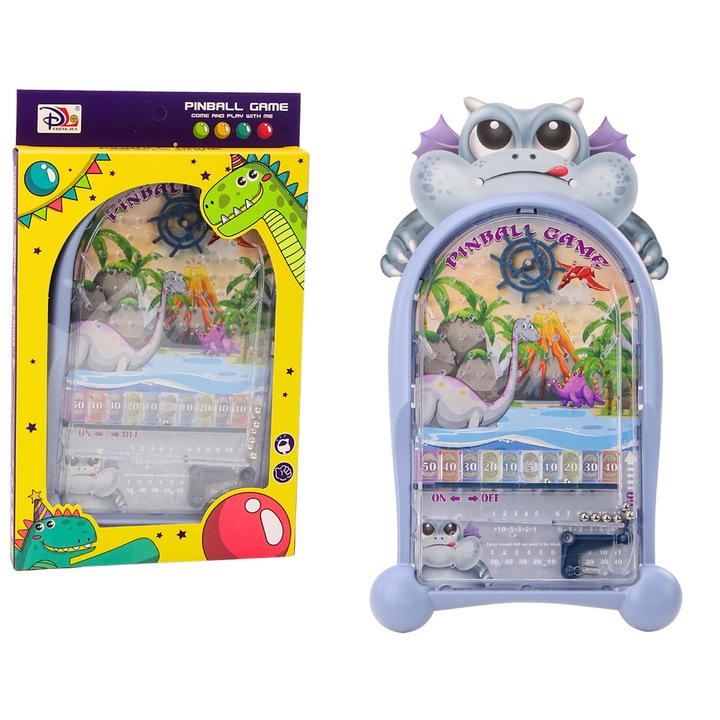 Joc de indemanare Pinball cu tema de dinozauri si dragon, LEAN TOYS, albastru, 28x20x2cm, set cu suport