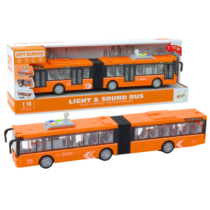 Autobuz de jucarie, LEAN TOYS, 1:16, 44.5x9x6.5cm, cu efecte sonore si luminoase, portocaliu