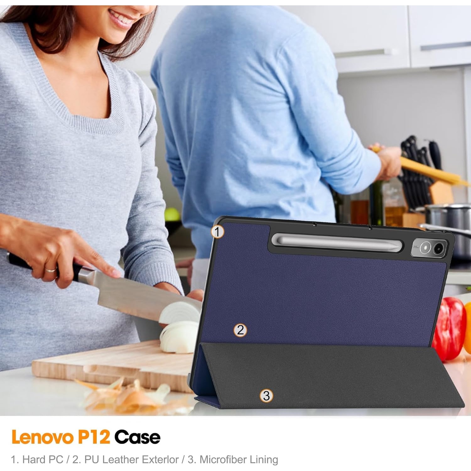 Carcasa pentru tableta Lenovo Tab P12 12.7-inch Carcasa 2023 Lenovo P12 Hard Shell Lightweight Tri-Fold Stand Carcasa inteligenta pentru Lenovo Xiaoxin Pad Pro 12.7-inch” TB370FU cu functie Auto Wake/Sleep, Albastru inchis