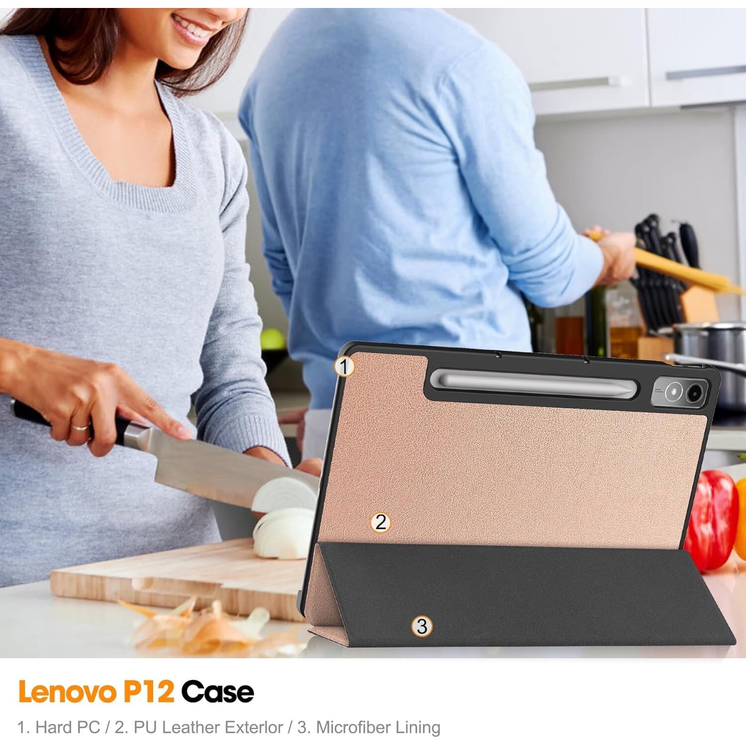 Carcasa pentru tableta Lenovo Tab P12 12.7-inch Carcasa 2023 Lenovo P12 Hard Shell Lightweight Tri-Fold Stand Carcasa inteligenta pentru Lenovo Xiaoxin Pad Pro 12.7-inch” TB370FU cu functie Auto Wake/Sleep, Auriu