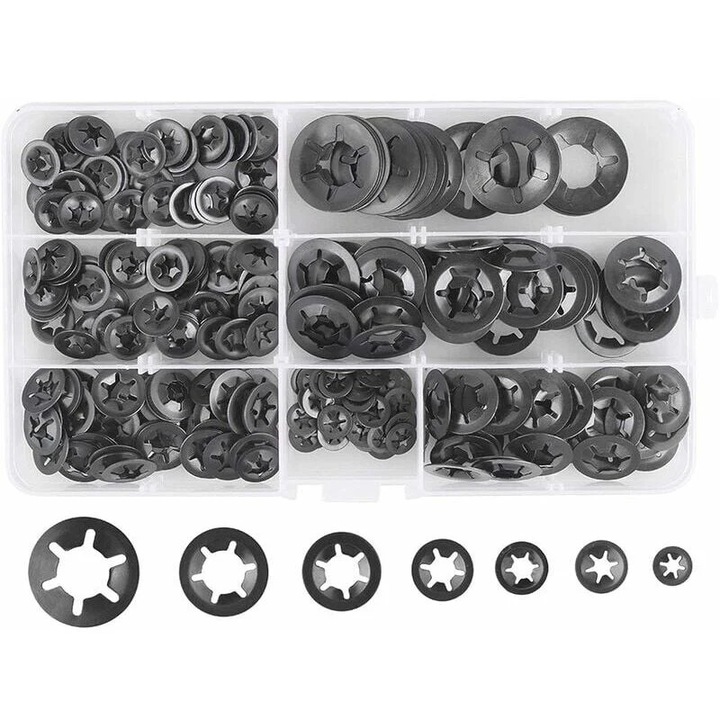 Set 280 saibe de Blocare, 65 Otel Mangan, Negru, Dimensiuni M3-M12, Cutie Plastic 9.5x17x2.2cm