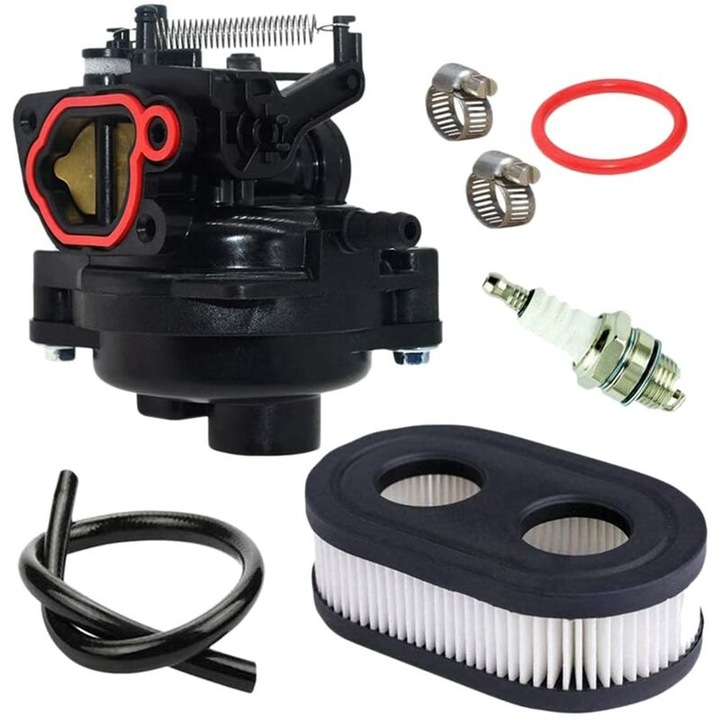 Karburátor kompatibilis Briggs & Stratton 799584, 550EX/625EXE/675EX/725EX modellekkel, cserealkatrész készlet légszűrővel, gyújtógyertyával, tömítéssel, bilincsekkel és tömlővel, fekete, 1 szett