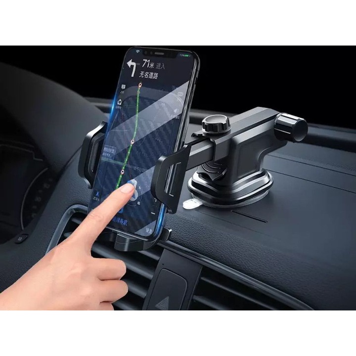 Suport auto HERUSI pentru telefon, ventuza rotativa, reglabil, negru