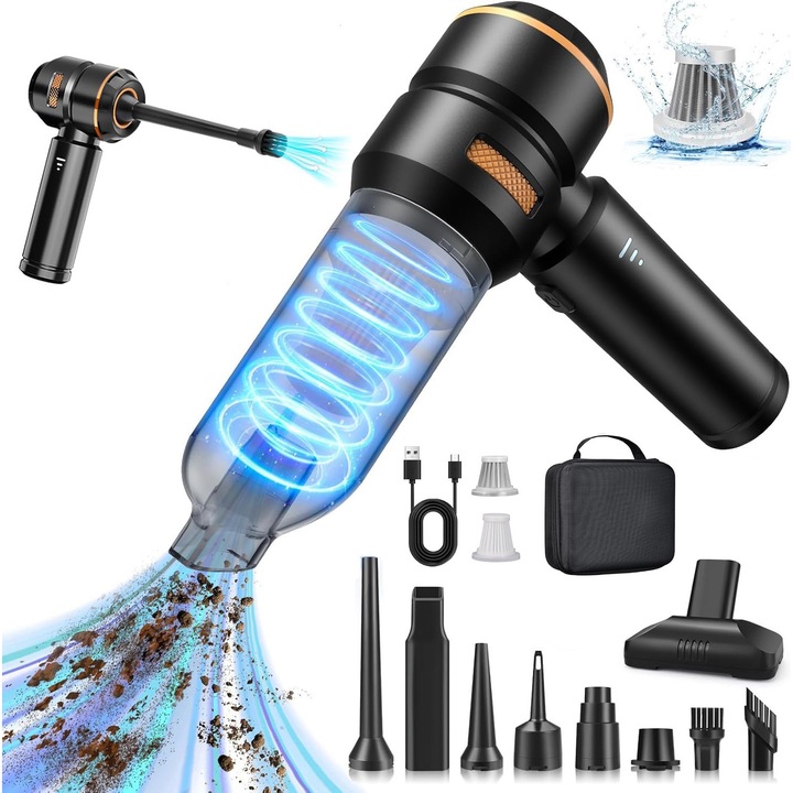 Преносима Авто Прахосмукачка 18000Pa 3 Скорости Talzov®, Автономност 30 мин, 6000mAh, 200000 об/мин, 2 Филтъра, зареждане Type-C, Черен