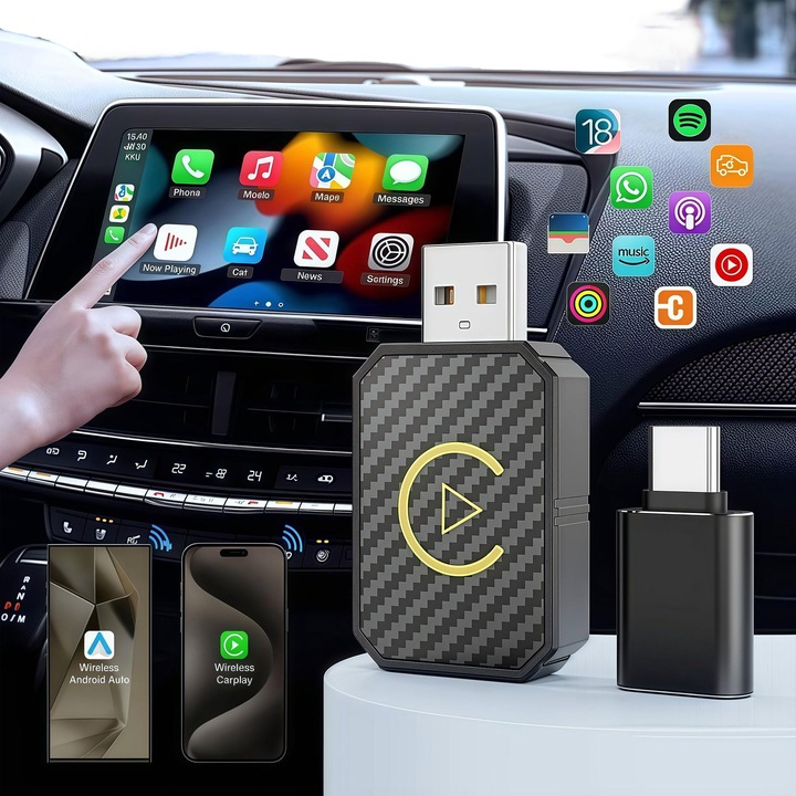 Adaptor wireless HaploS, CarPlay 2 în 1 HaploS, Bluetooth 5.2 și WiFi 5GHz, Negru